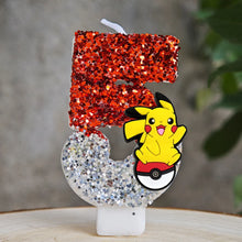 Carga la imagen en el visor de galería, Velas de Pikachu de Pokémon con purpurina para cumpleaños con año en diferentes colores