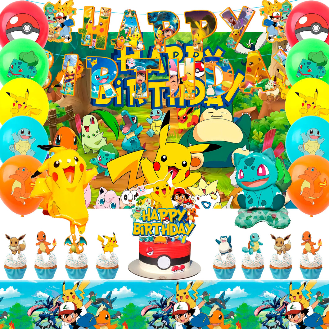 Pokemon Kindergeburtstag Deko Set mit Banner, Ballons, Kuchen Topper
