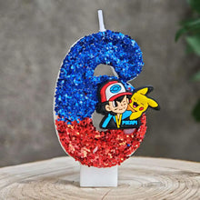 Carga la imagen en el visor de galería, Velas de Pikachu de Pokémon con purpurina para cumpleaños con año en diferentes colores