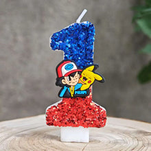 Carga la imagen en el visor de galería, Velas de Pikachu de Pokémon con purpurina para cumpleaños con año en diferentes colores