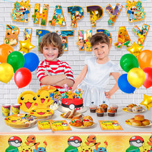 Load the image into the gallery viewer, Pikachu children's birthday set with plates, cups, banner, and much more. 114 pieces
