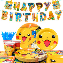 Load the image into the gallery viewer, Pikachu children's birthday set with plates, cups, banner, and much more. 114 pieces
