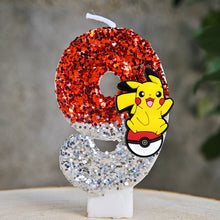 Carga la imagen en el visor de galería, Velas de Pikachu de Pokémon con purpurina para cumpleaños con año en diferentes colores