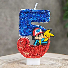 Carga la imagen en el visor de galería, Velas de Pikachu de Pokémon con purpurina para cumpleaños con año en diferentes colores
