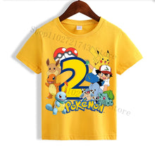 Chargez l'image dans la visionneuse de galerie, T-shirt d'anniversaire jaune Pokémon Pikachu pour enfants avec année
