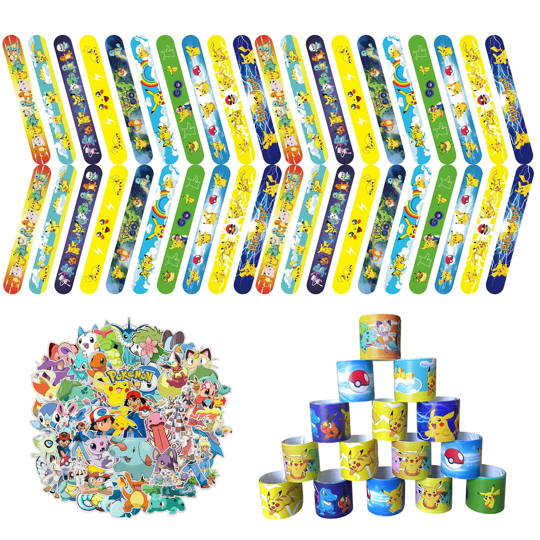 Pokemon Party Set - 50x Aufkleber und 40x Armbänder für Geburtstag, Feier, Deko, Kinder Spielzeug