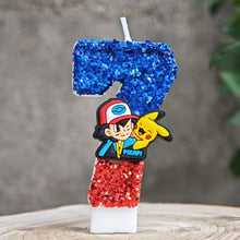 Carga la imagen en el visor de galería, Velas de Pikachu de Pokémon con purpurina para cumpleaños con año en diferentes colores