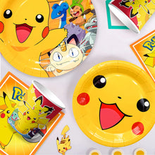 Load the image into the gallery viewer, Pikachu children's birthday set with plates, cups, banner, and much more. 114 pieces