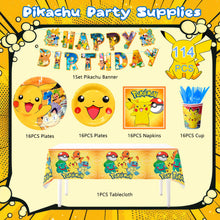 Load the image into the gallery viewer, Pikachu children's birthday set with plates, cups, banner, and much more. 114 pieces
